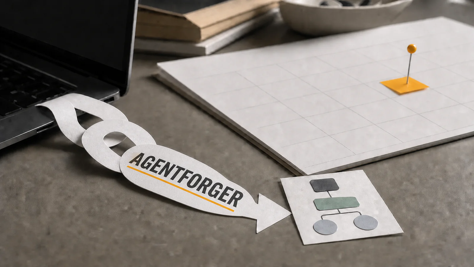 A paper link leads from a laptop to a blank workflow card beside a calendar marked with one amber pin.