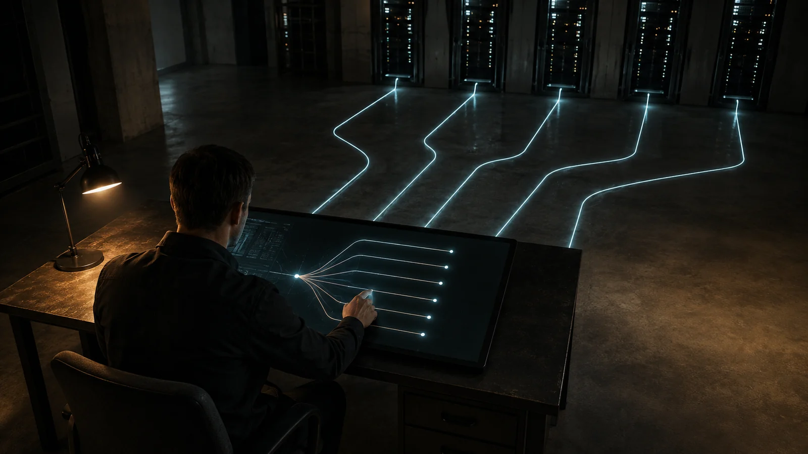 A dark operations desk with one lit terminal branching into several network paths, representing an AI-assisted intrusion moving in parallel