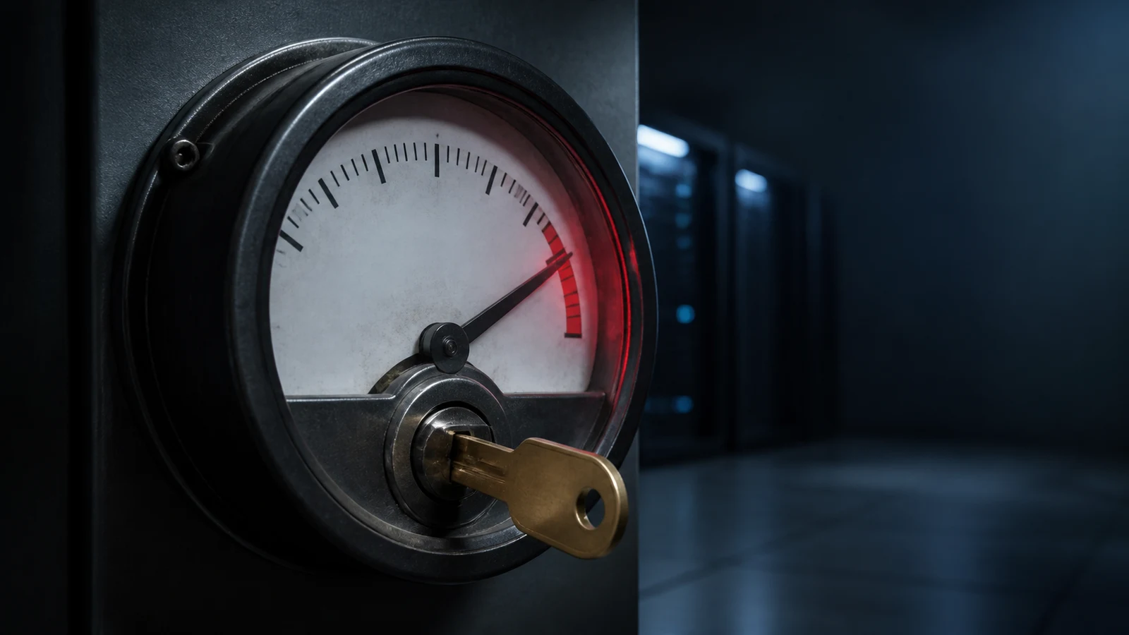A brass key inserted into a utility-style usage meter near its red zone in a dim server room, with no logos or text.