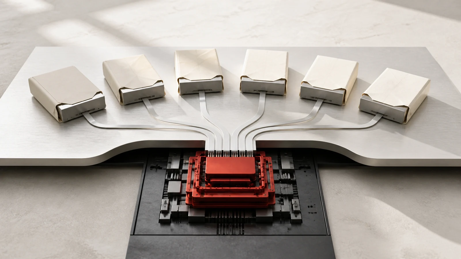 A clean workbench with several plain software parcels connected into one concealed red mechanical assembly beneath them.