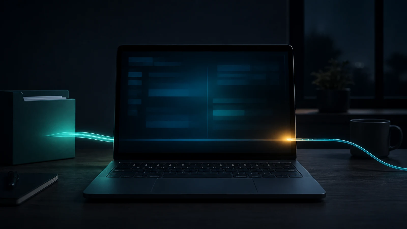 A developer workstation with a project folder feeding a glowing configuration conduit that exits the machine as a network request.