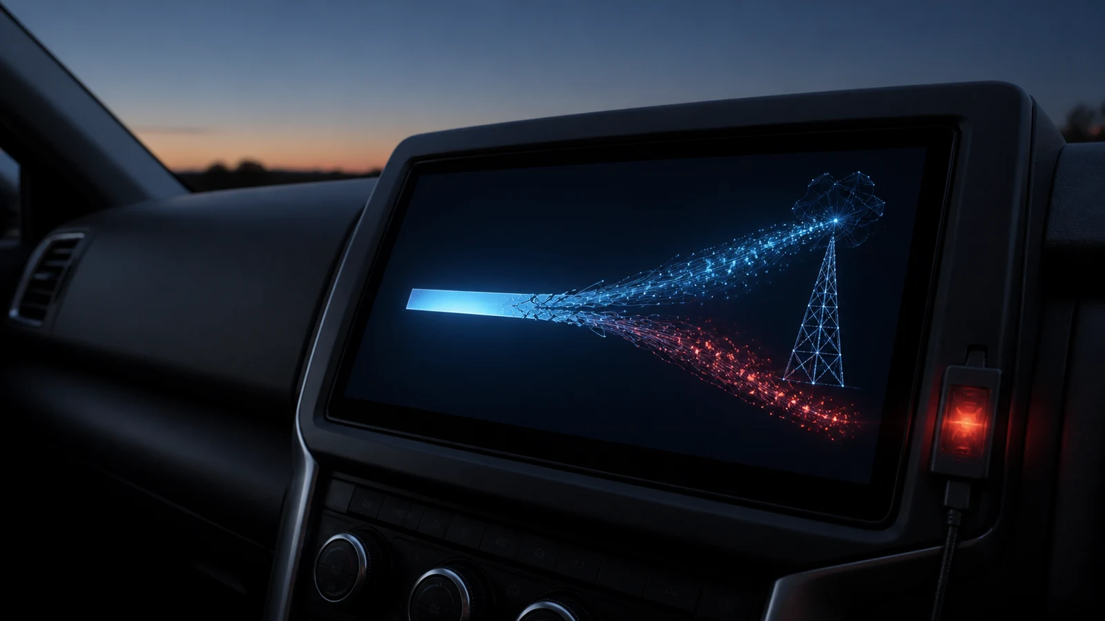 An Android car head unit receiving a corrupted software update that branches into advertising traffic and a residential proxy connection.