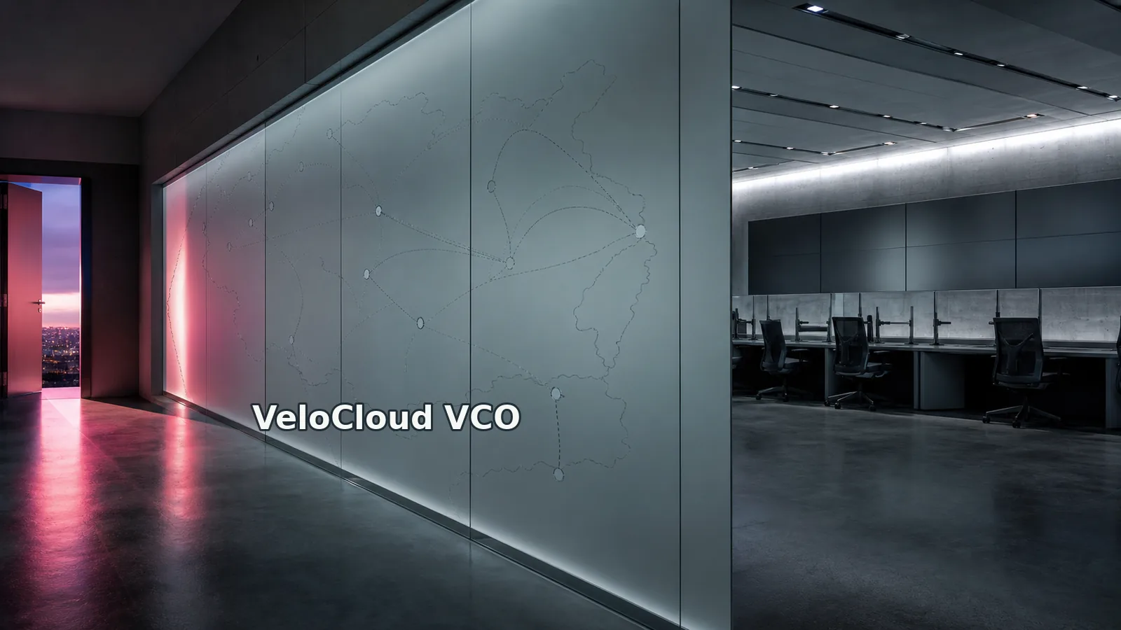 An empty network operations room with an open doorway casting violet light across a VeloCloud planning wall.