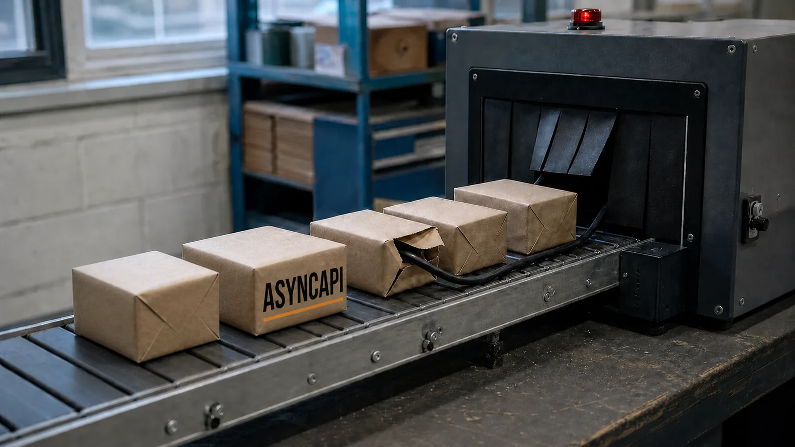 Five kraft parcels enter a build machine while a concealed cable trails from one torn package.