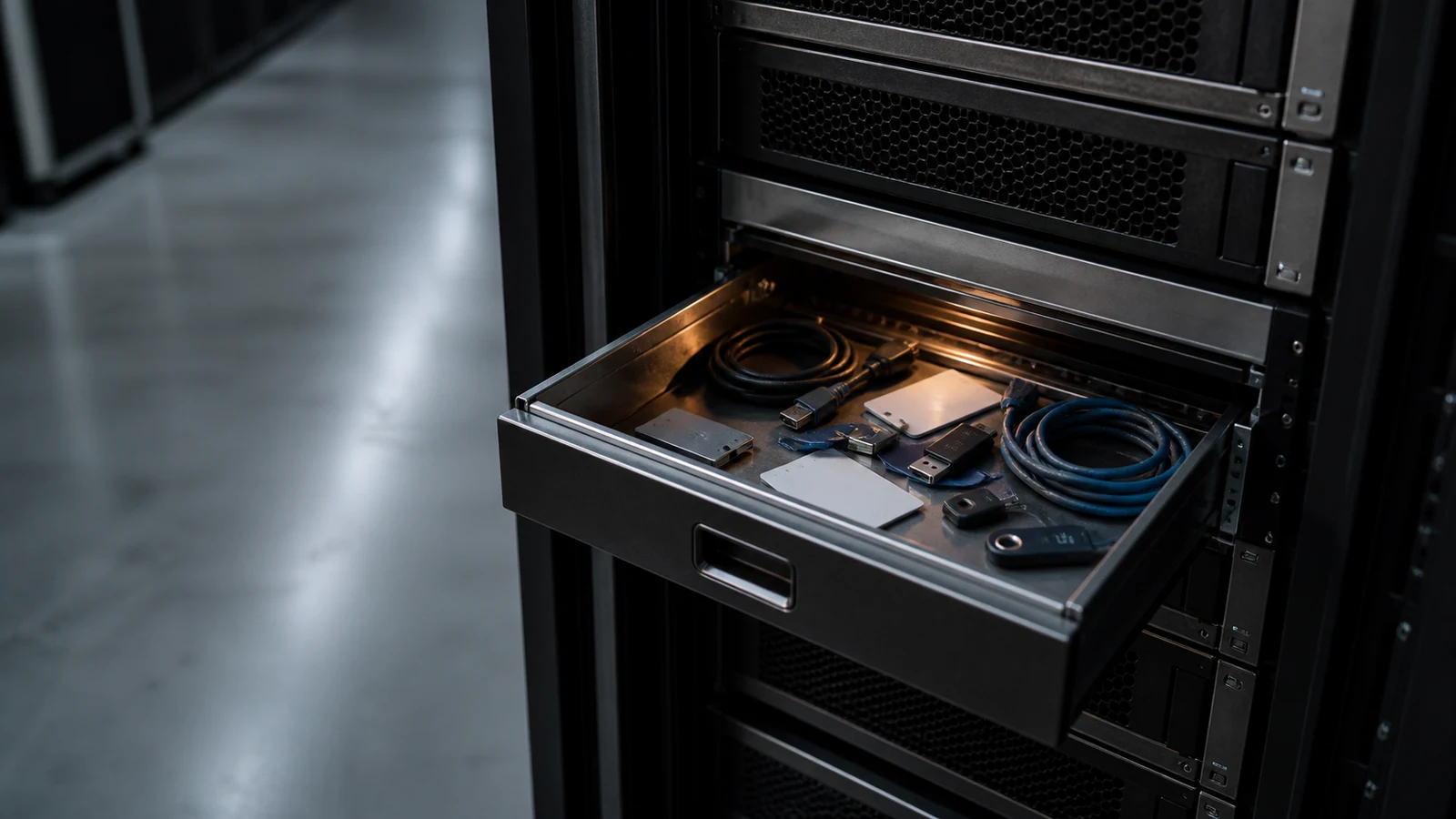 An open service drawer in a server rack exposes security tokens, keycards, and network cables.