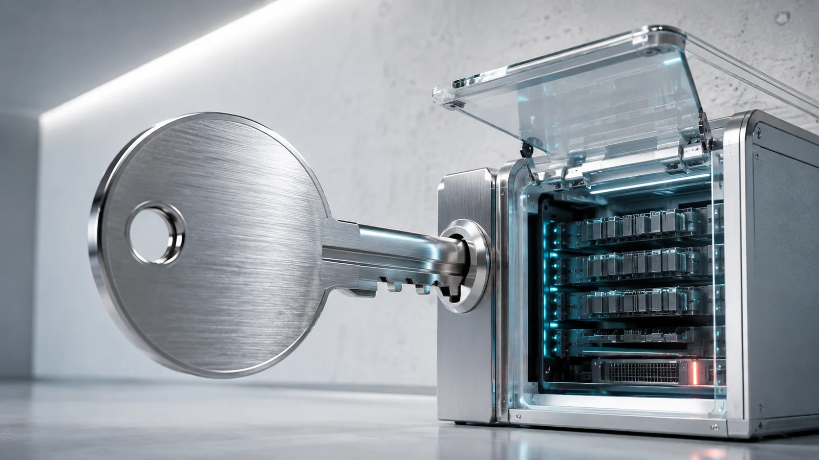 A single metal access key opening a guarded rack of metered AI compute hardware.