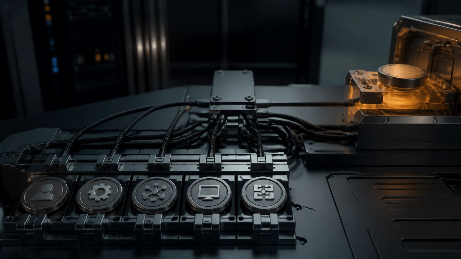 Five metal credential tokens feed through braided cables into a dark modular routing frame, with one privileged output channel glowing amber.