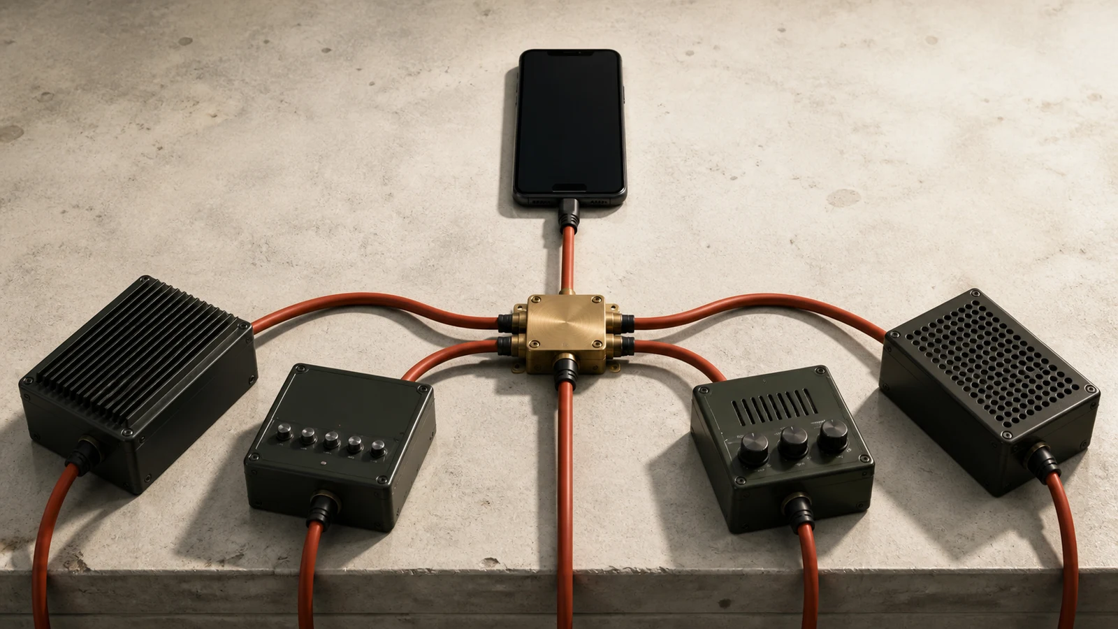 A phone's single cable splitting through a brass junction into four mismatched control boxes.