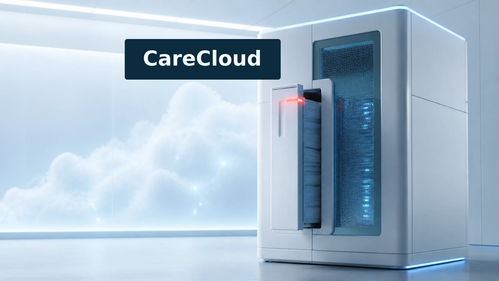 A white cloud data cabinet stands open under a red access light, with CareCloud labeled in a dark blue panel.