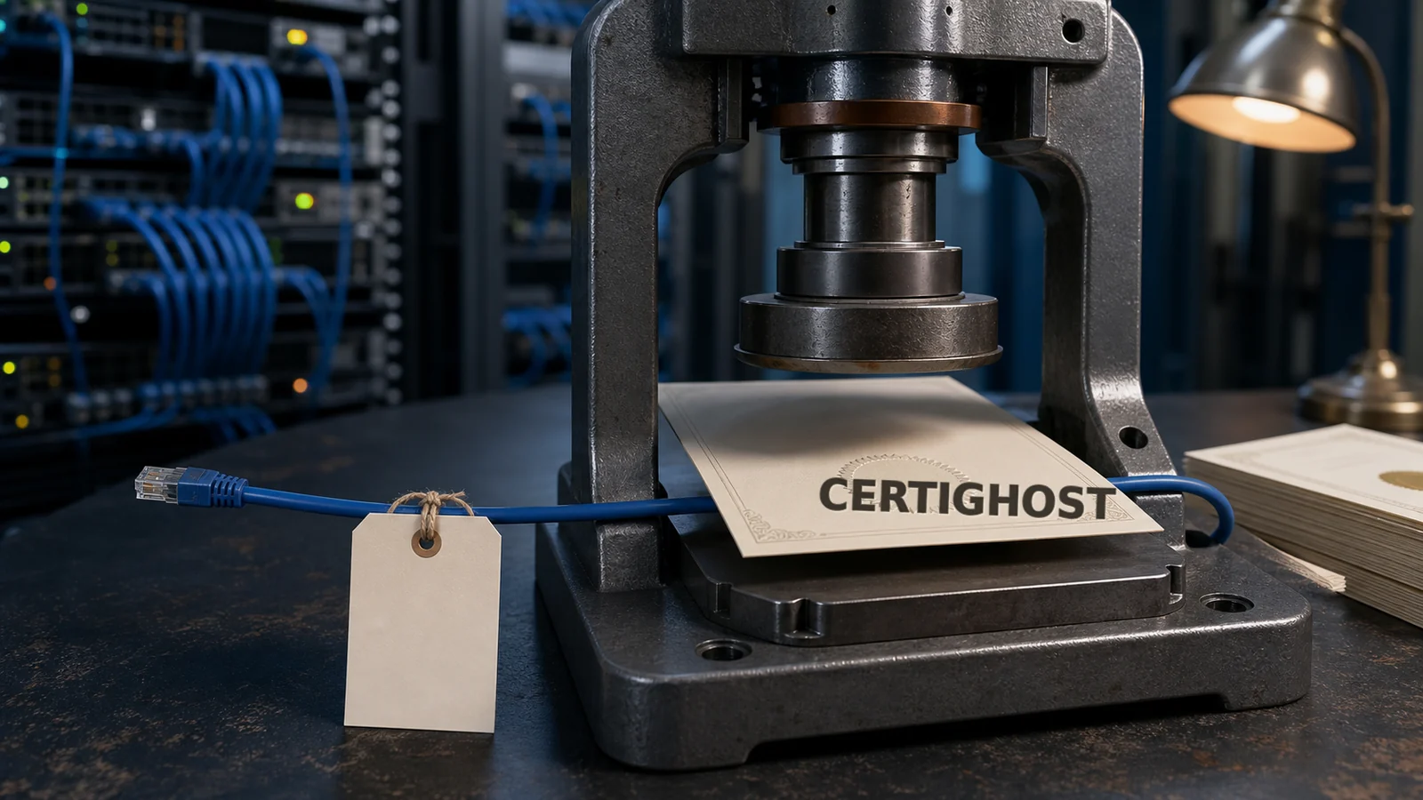 A staged certificate press stamps a blank certificate while an unexpected network cable crosses beneath it, with CERTIGHOST printed on the certificate.