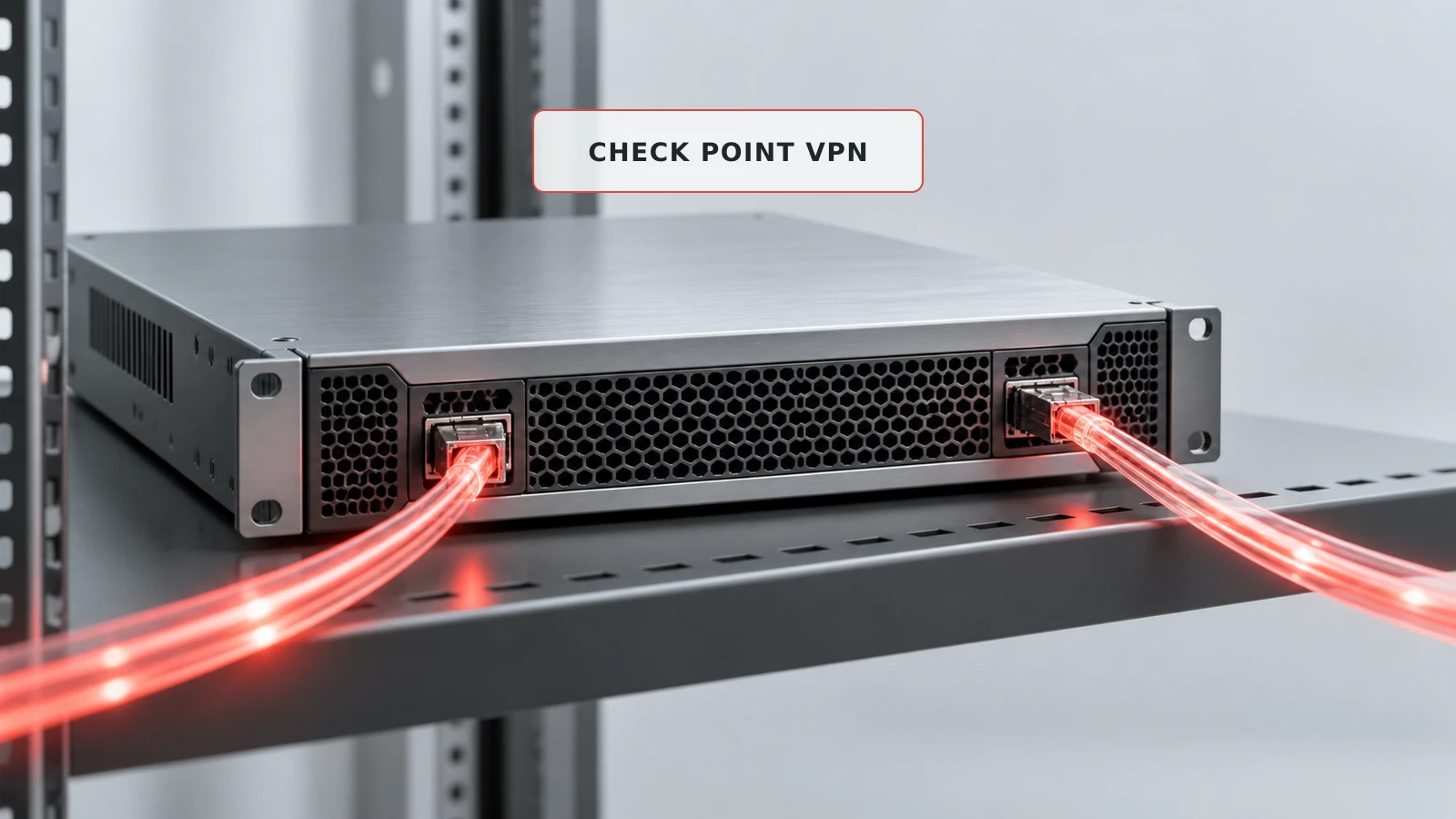 A security gateway appliance beside two converging fiber-optic paths in a network operations rack.