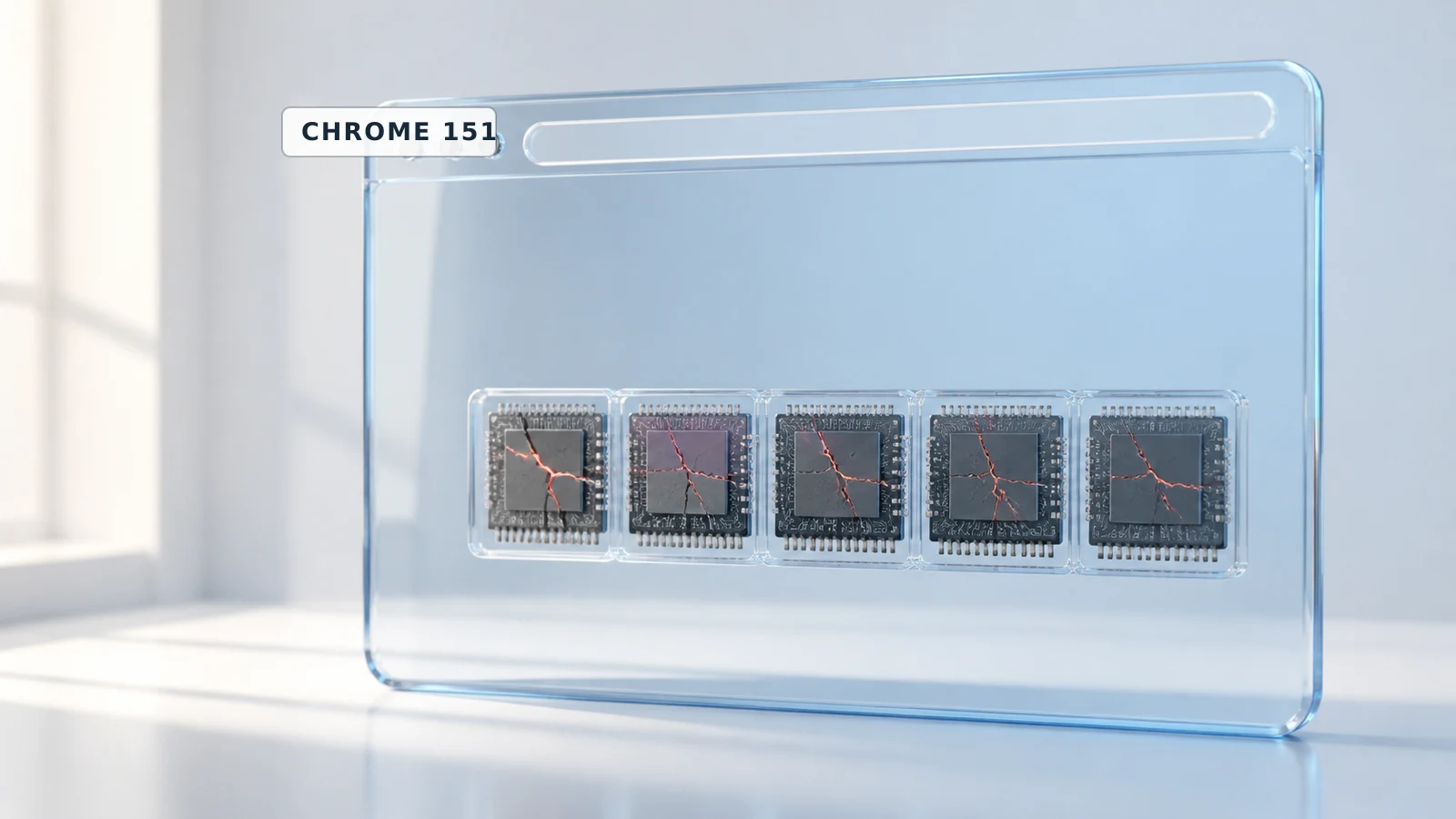 A desktop browser window represented by layered glass panels with five fractured memory cells contained behind it.