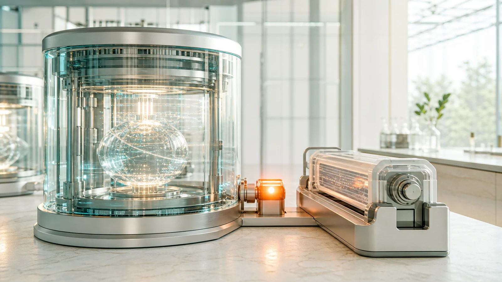 A browser update cartridge is staged beside a still-running glass process chamber, with a bright relay path waiting to close between them.