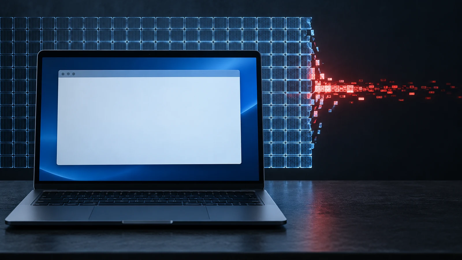 A browser window projected through a fractured memory grid on a dark workstation.