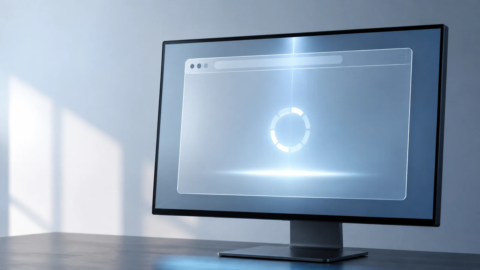 A single desktop browser window sits under a bright update light on a clean workstation.