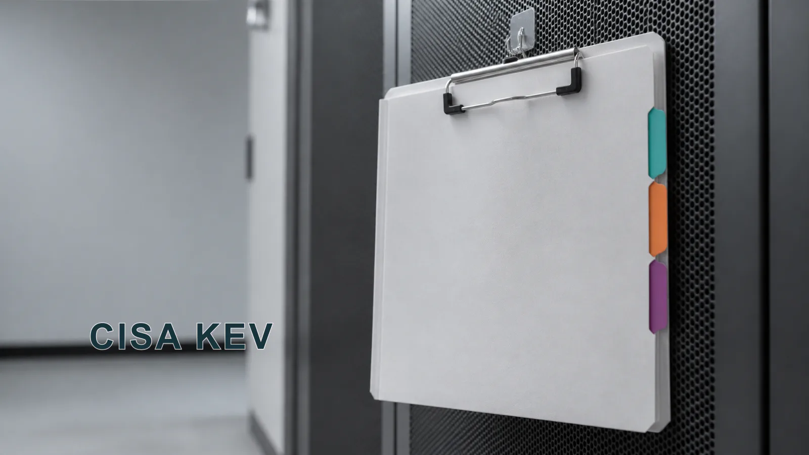 A maintenance clipboard with three colored index tabs hangs on an enterprise server cabinet beside the label CISA KEV.