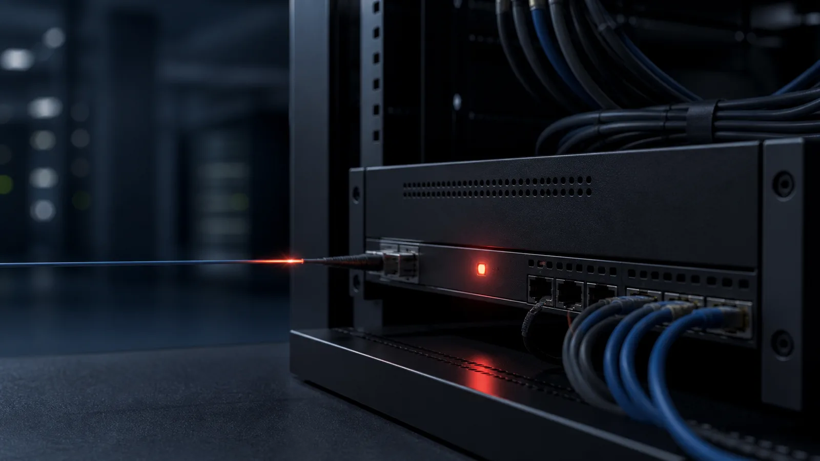 A dark network edge appliance in a rack with one red reboot light and an illuminated incoming fiber connection.