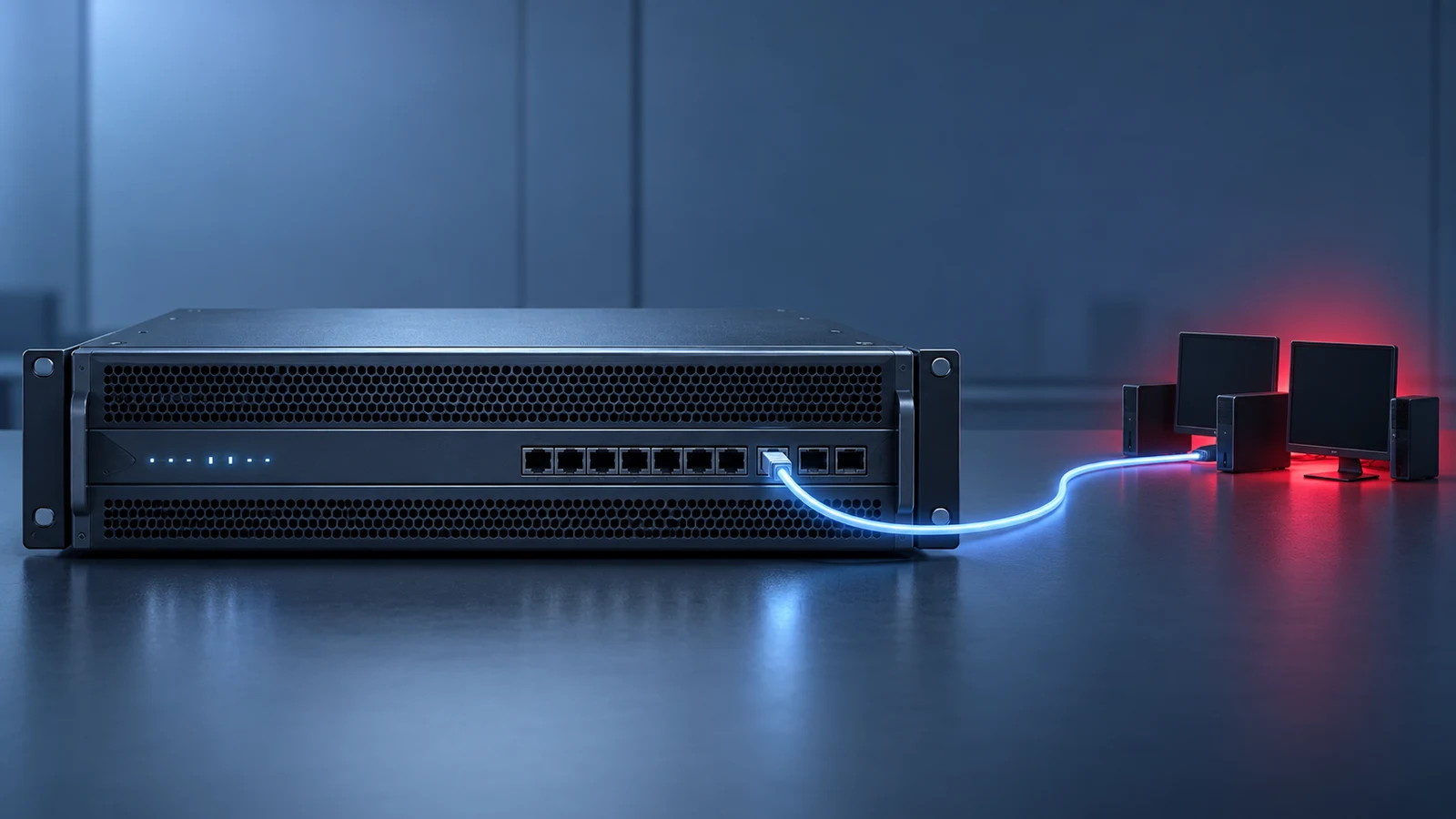 A firewall management appliance opens onto several network paths, with one path reaching a group of darkened endpoint screens.