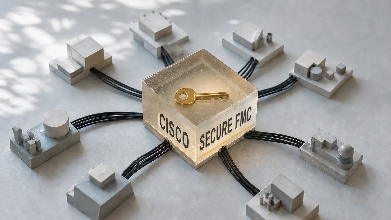 Editorial model of a brass key cast inside a translucent central block connected by black cables to several smaller nodes.