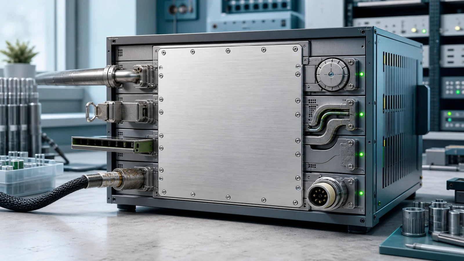 A bright network workbench holds one modular router whose seven distinct input paths are sealed by a single brushed-steel hardening plate.