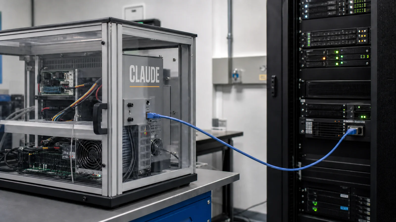 A sealed cybersecurity test chamber with one network cable crossing its boundary into an ordinary production server rack.