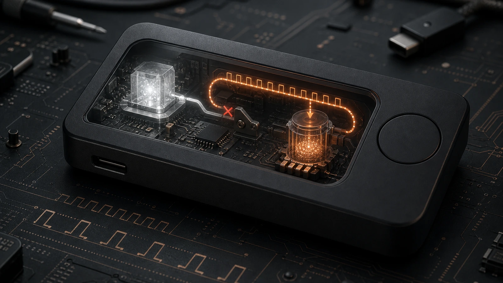 A cutaway hardware wallet shows a bright hardware randomness source bypassed while a repeating amber signal feeds seed generation.