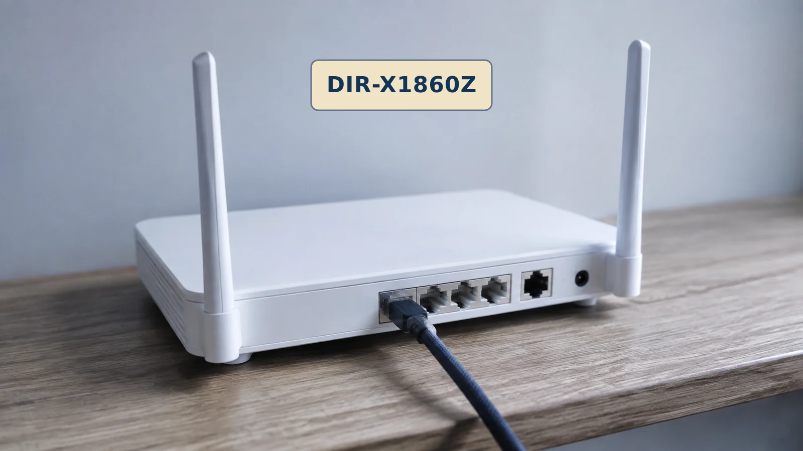 A white wireless router in a home setting with one network cable and an editorial label reading DIR-X1860Z