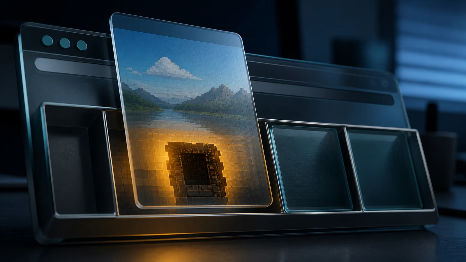 A pixelated landscape image sliding into a physical browser cache, with an amber-lit executable fragment visible beneath its surface.