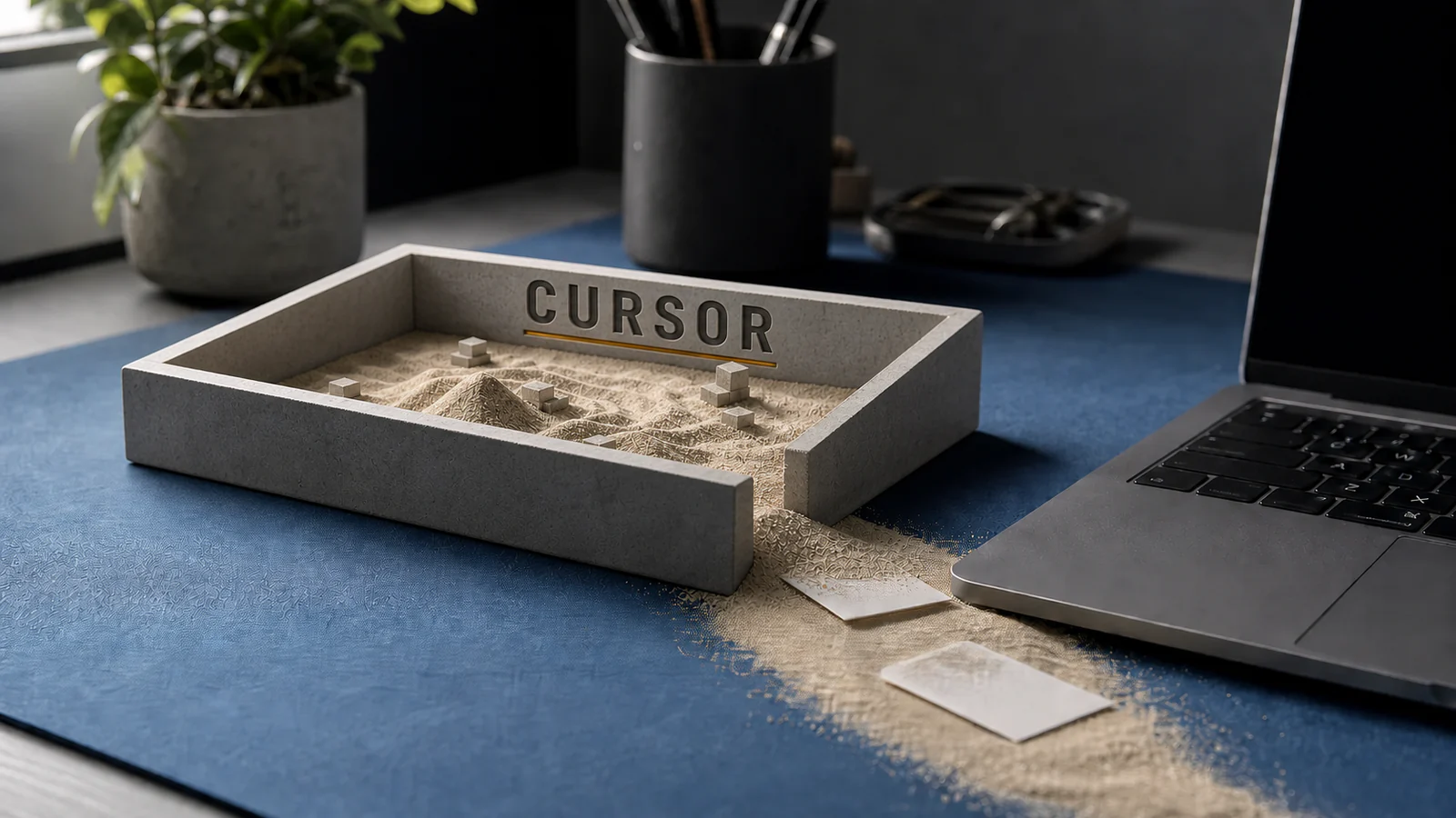 Sand and two file cards spill through a breach in a walled desktop sandbox toward a nearby laptop.