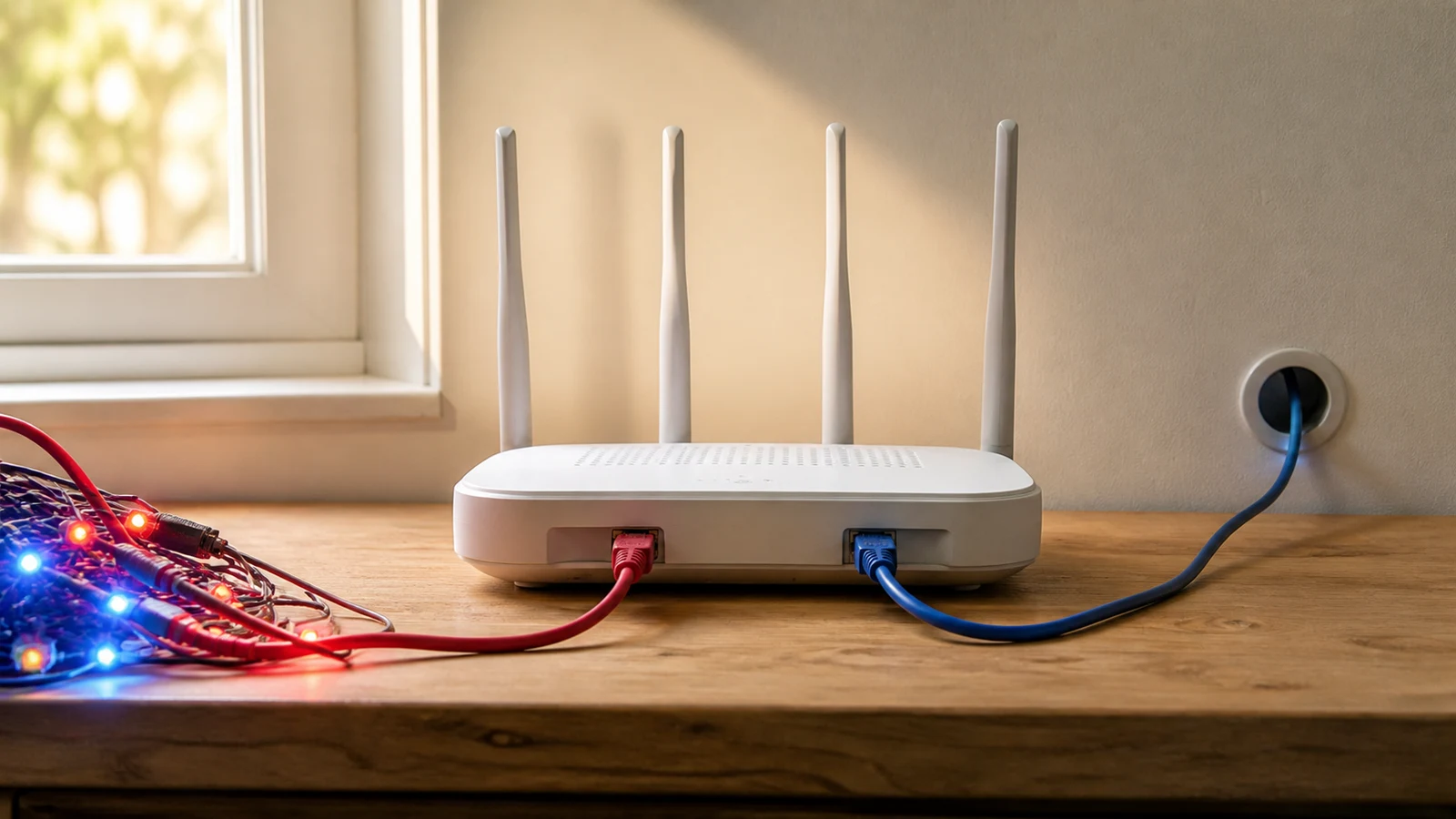 A home router splits red and blue network cables between an illuminated cable bundle and a concealed wall connection.