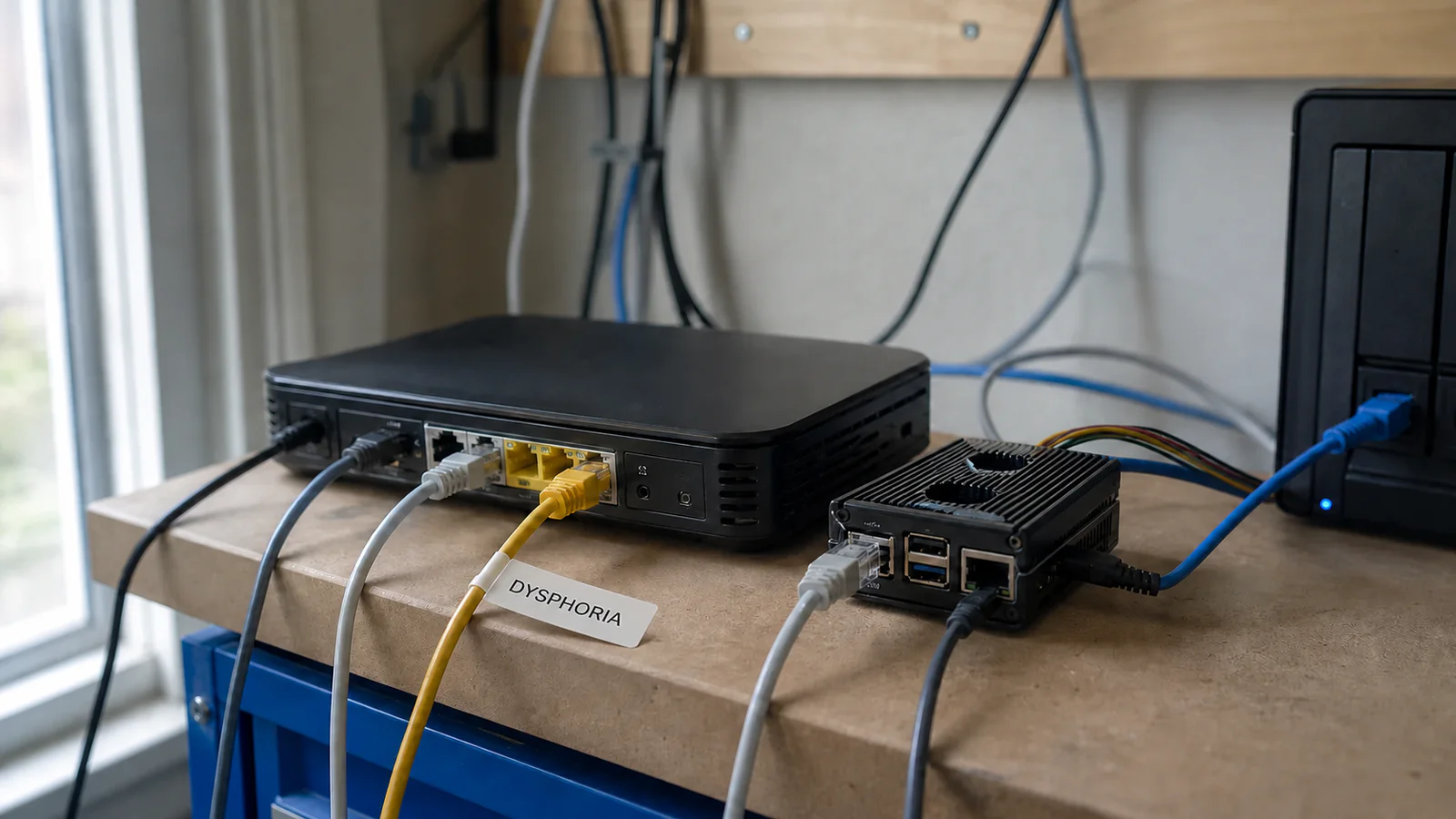 An unbranded network gateway and small embedded Linux device connected by Ethernet cables, with an editorial Dysphoria identifier.