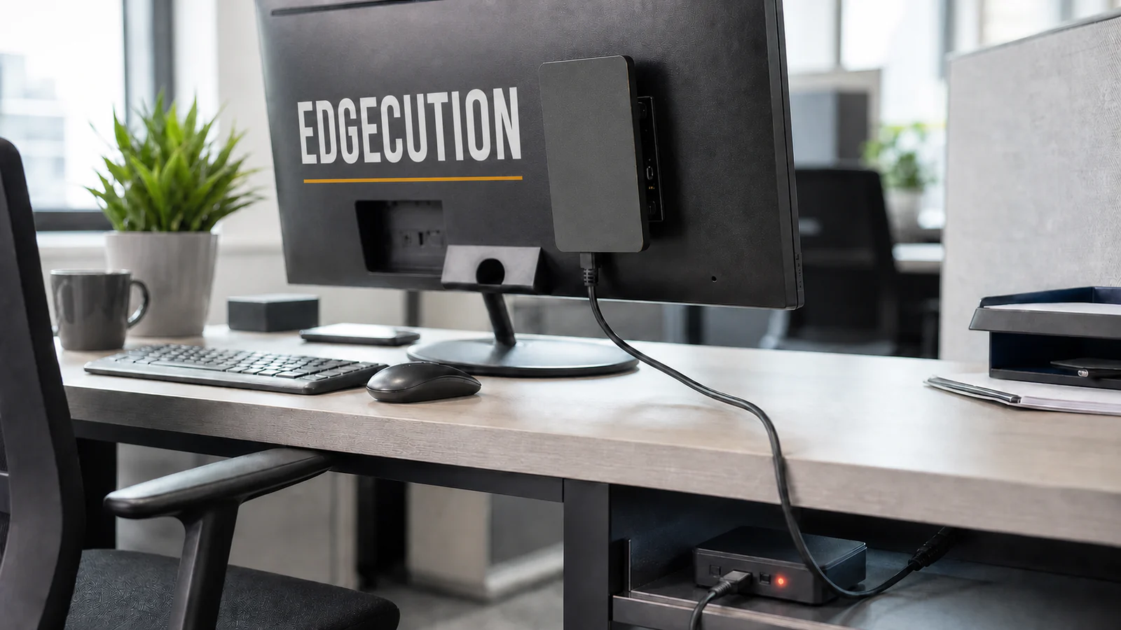 A concealed device behind an office monitor connects by cable to a command relay under the desk.
