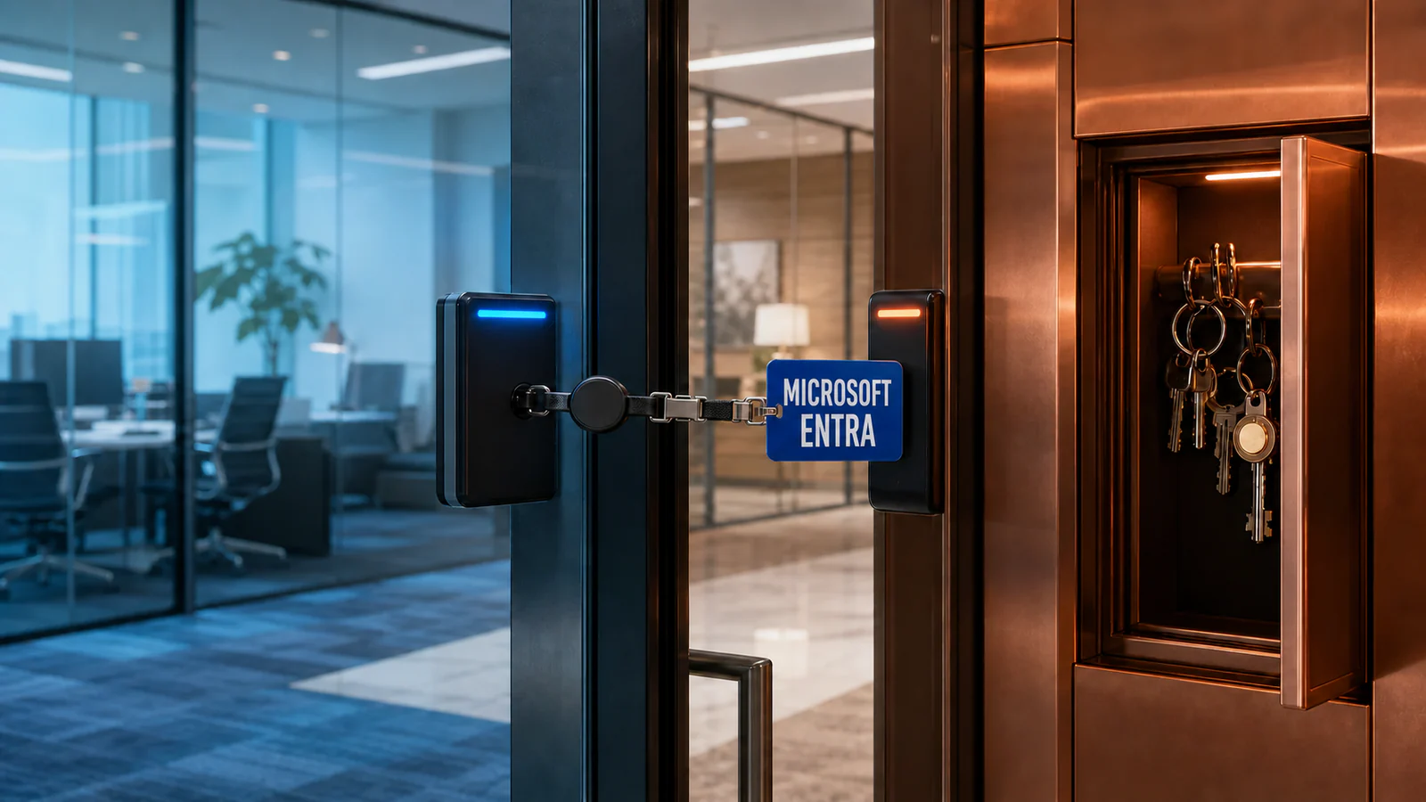 A blue badge from one office zone crosses a glass boundary and opens an administrator key cabinet in another.