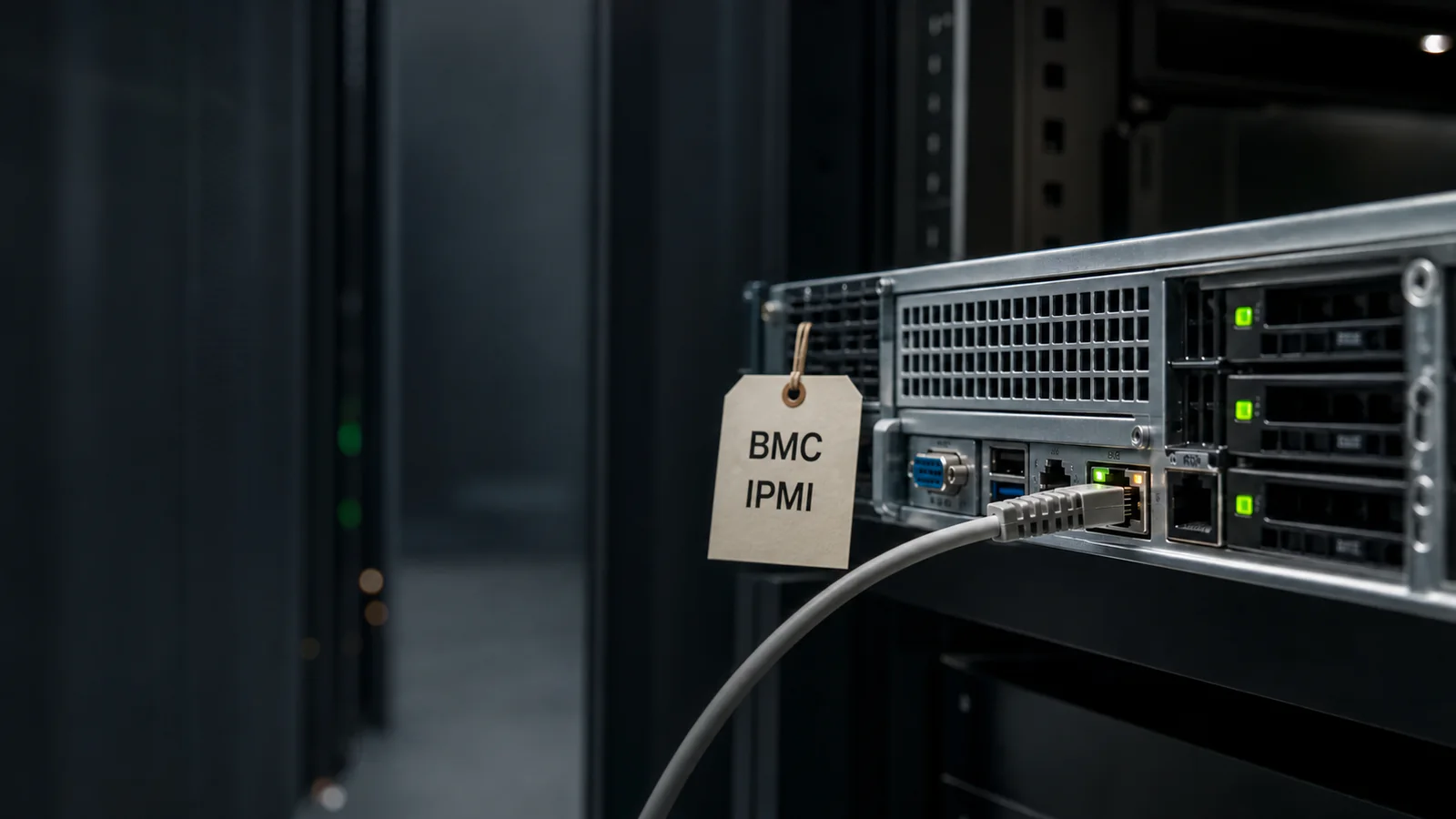 A server's dedicated BMC management port and connected Ethernet cable in a data-center rack, labeled BMC and IPMI.
