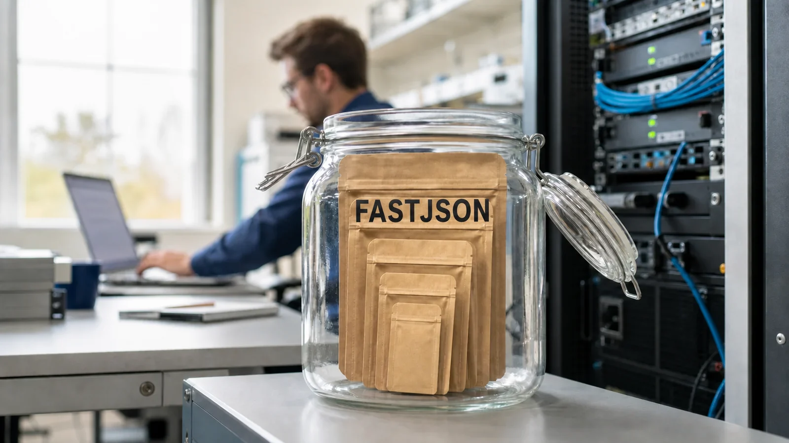 Nested kraft-paper packages sit inside an open glass jar beside a software engineer, laptop, and rack-mounted application server.