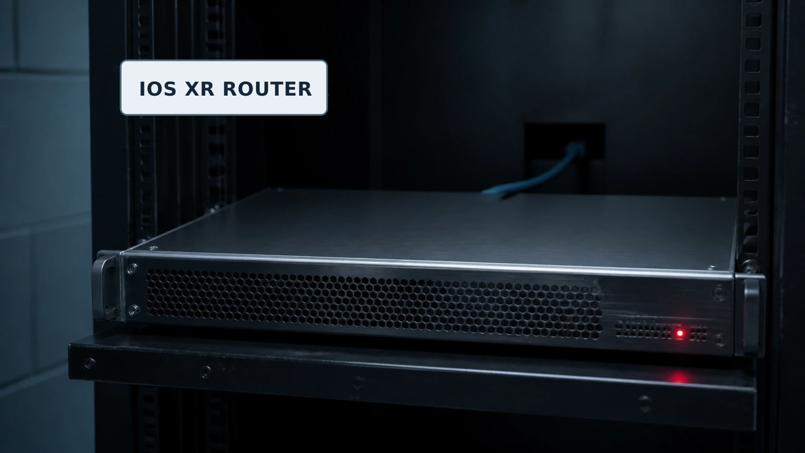 A rack-mounted router labeled IOS XR with one concealed cable path in a dark equipment room