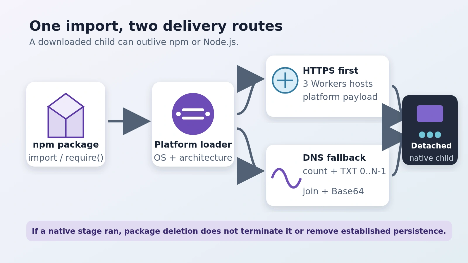 The Flooding Dropper chain from package import through HTTPS or DNS TXT delivery to a detached native payload.
