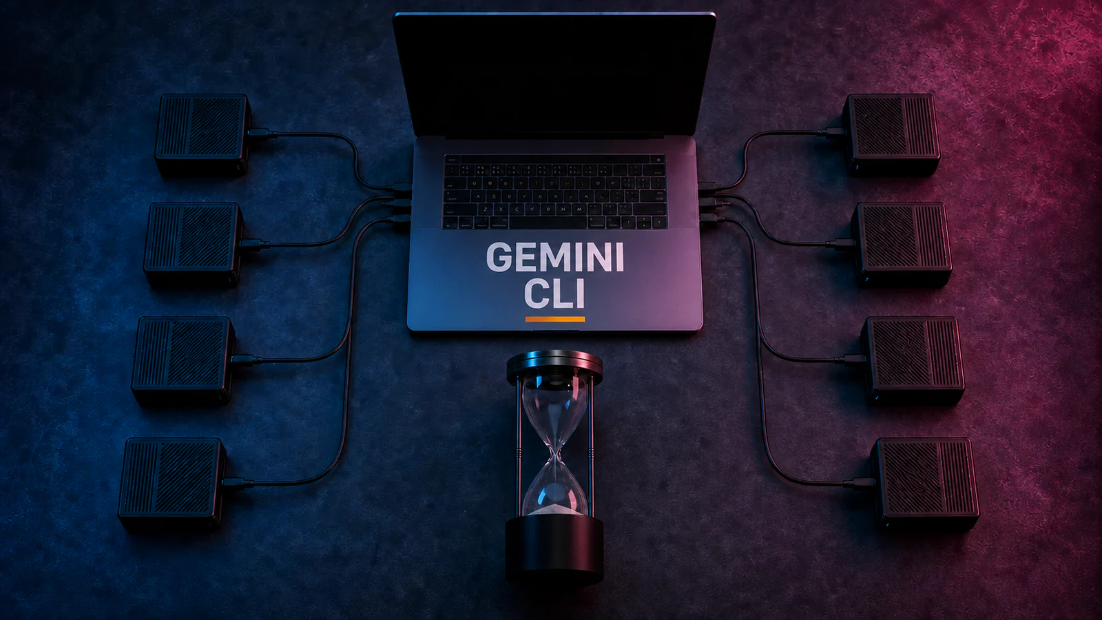 A laptop connects to eight separate endpoint devices arranged around a nearly empty sand timer.