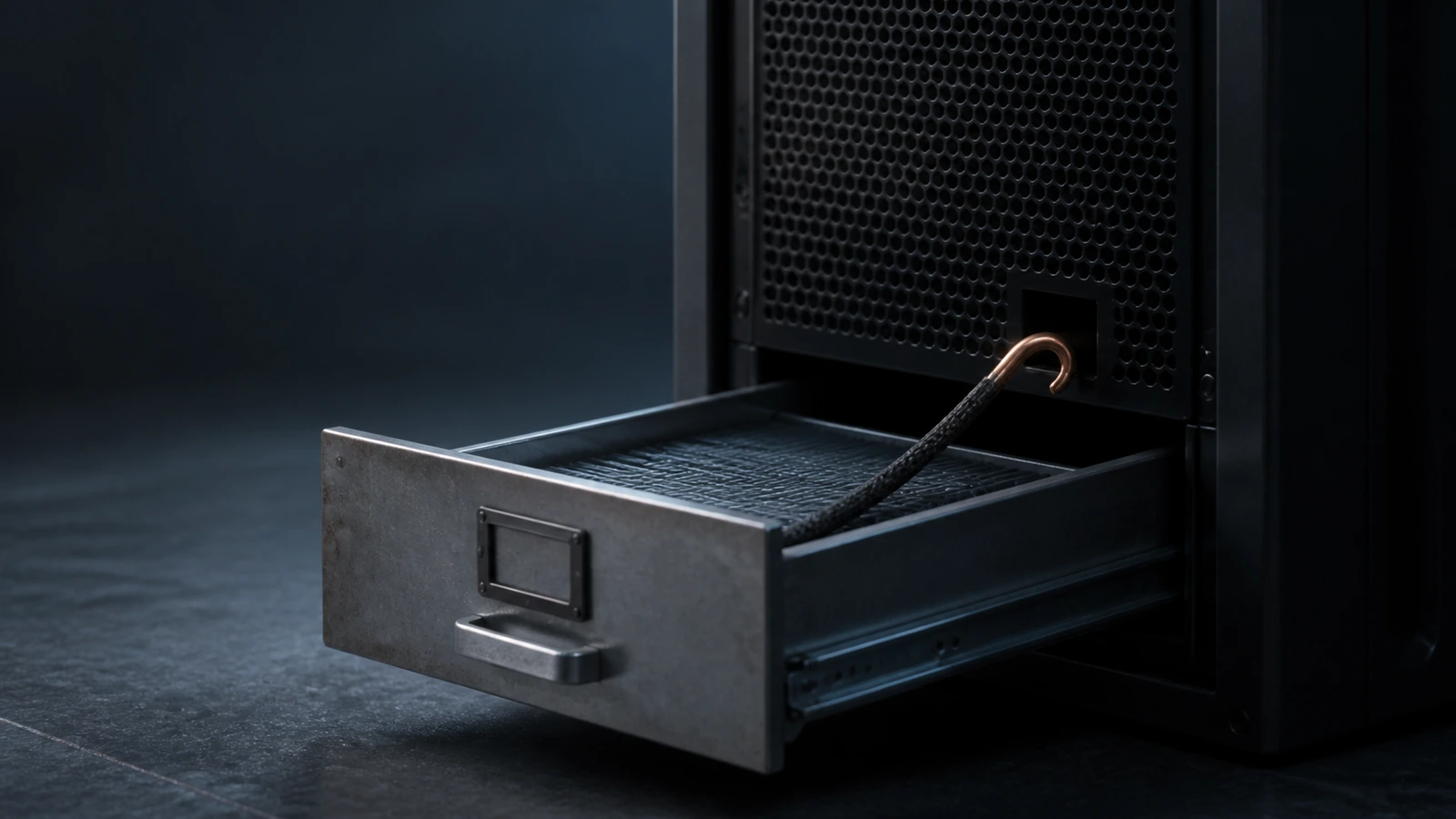 A metal repository drawer sits open while a hooked cable reaches into the server chassis behind it.