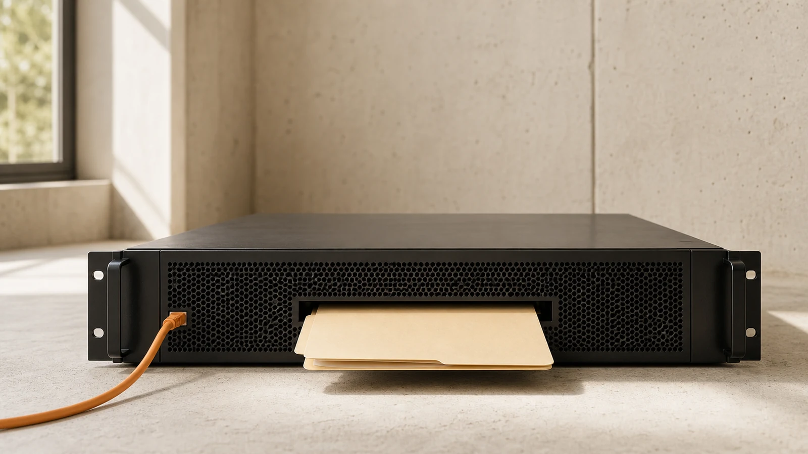 A configuration folder pulled through the front of a self-hosted server by an orange network cable.