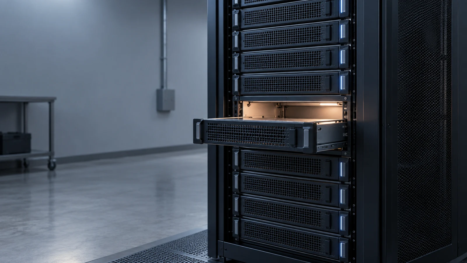 An open server rack exposes a single pulled storage drawer inside a code-hosting operations room.