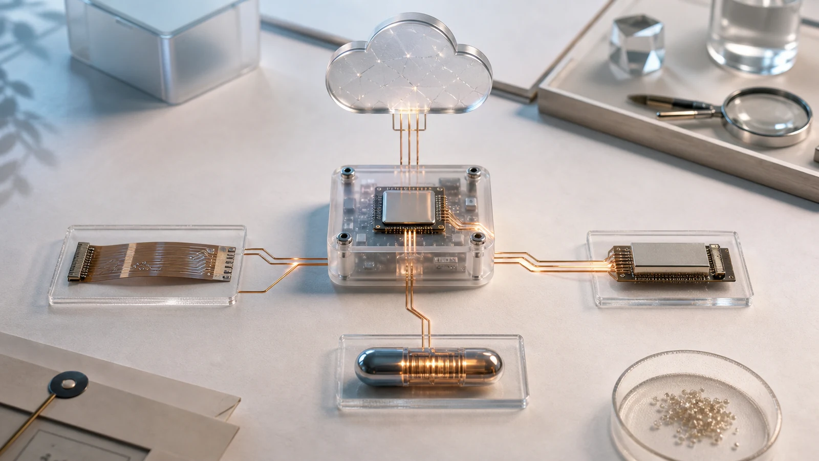 A trusted endpoint module on a forensic bench branches into three unauthorized key artifacts while connected to a cloud enclave.