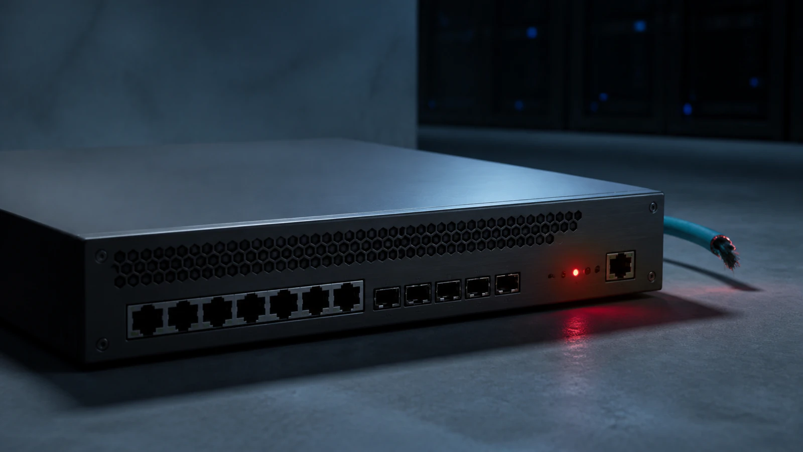 An unbranded metal network gateway sits in a quiet predawn server room beside one visibly severed blue cable and a red status light.