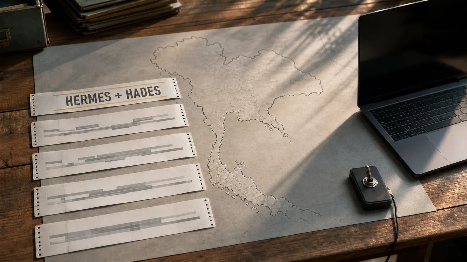 Five paper activity logs lie across a regional map centered on Thailand beside an unattended laptop and approval switch.