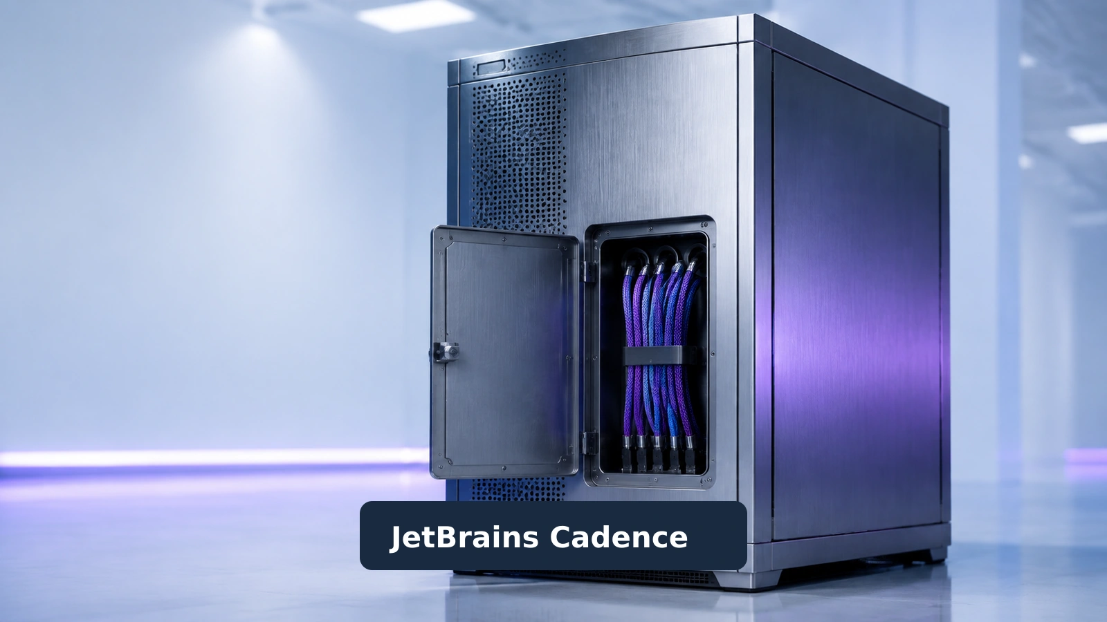 A cloud build server cabinet with one open access panel, representing the exposed JetBrains Cadence service