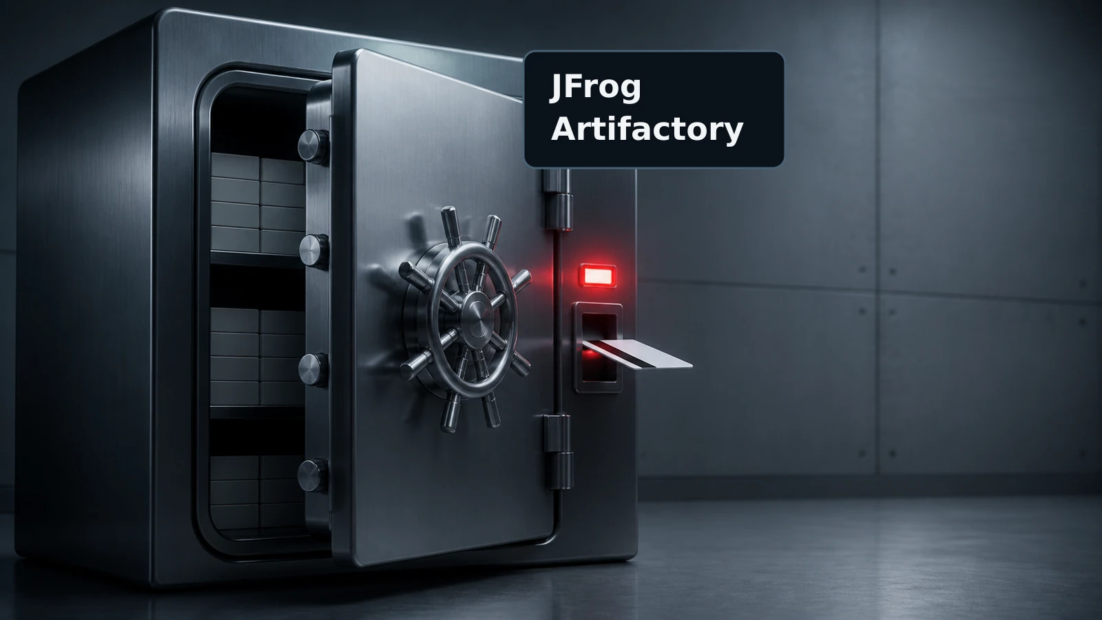 A central software artifact vault stands open while an unauthorized access token appears beside its control panel.