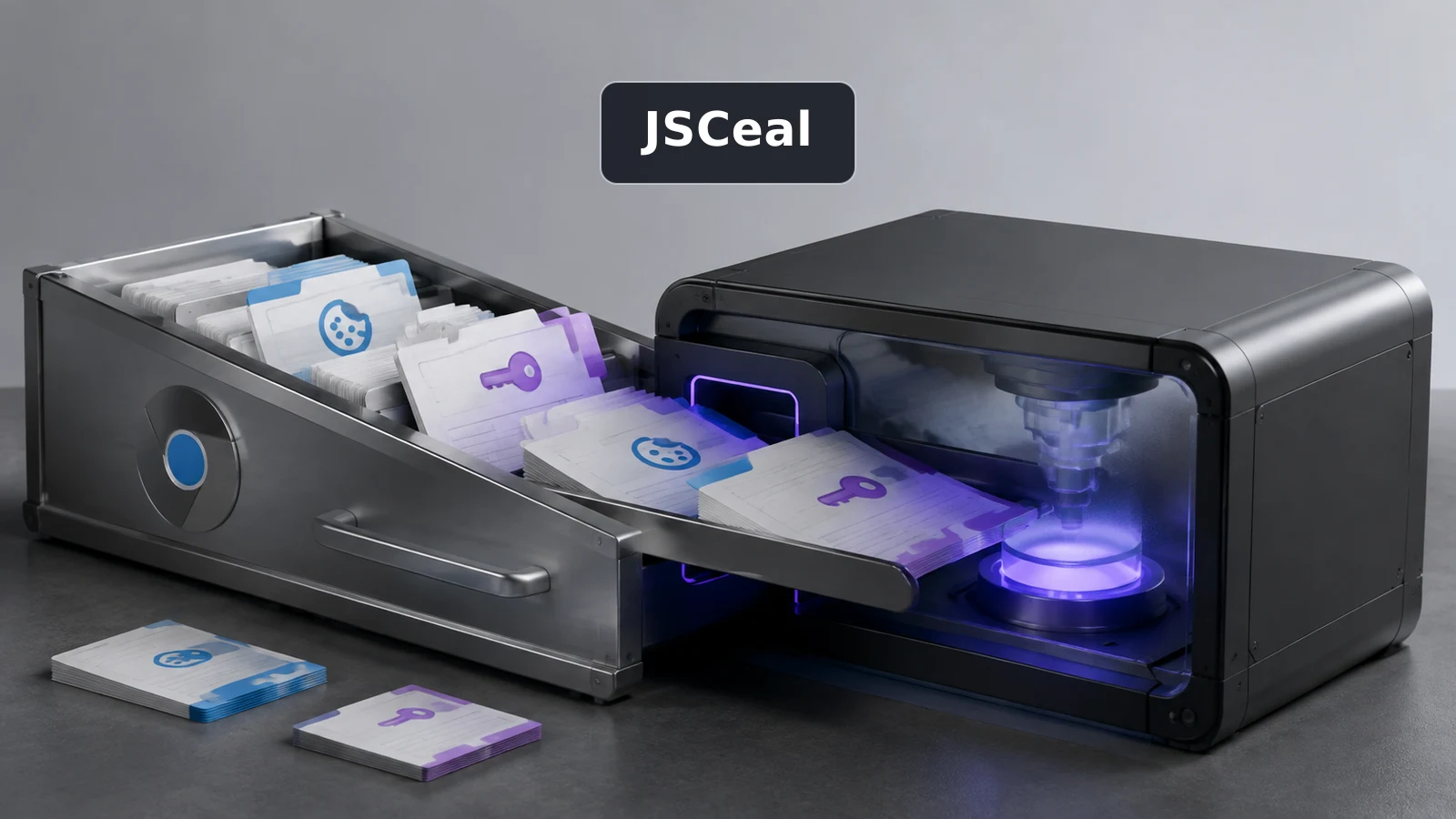 A forensic workstation with an open Chromium profile drawer feeding cookie and password cards into a dark automated browser chamber.