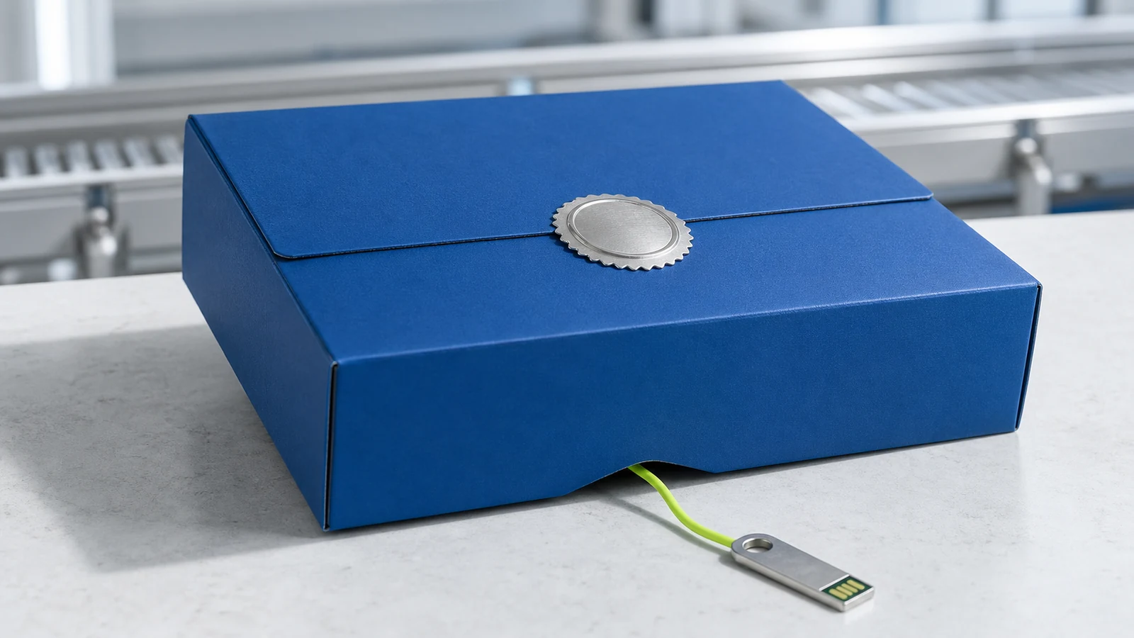 A sealed blue software parcel with an intact metal provenance seal while a green cable reaches from beneath it to an access key.
