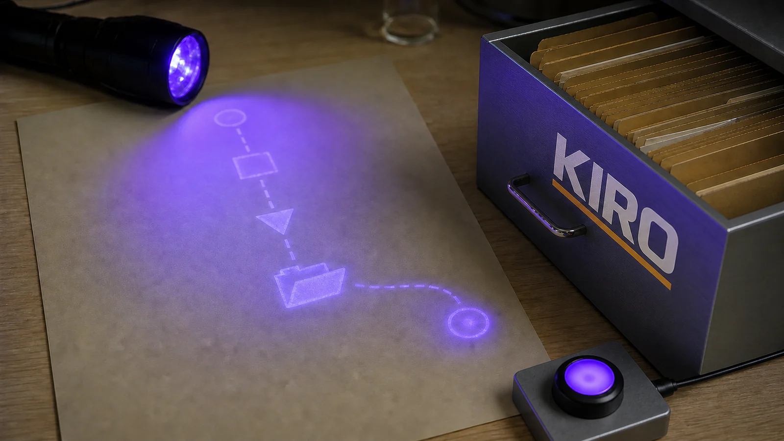 Ultraviolet light reveals a hidden path on a blank page leading through a file drawer to an execution button.
