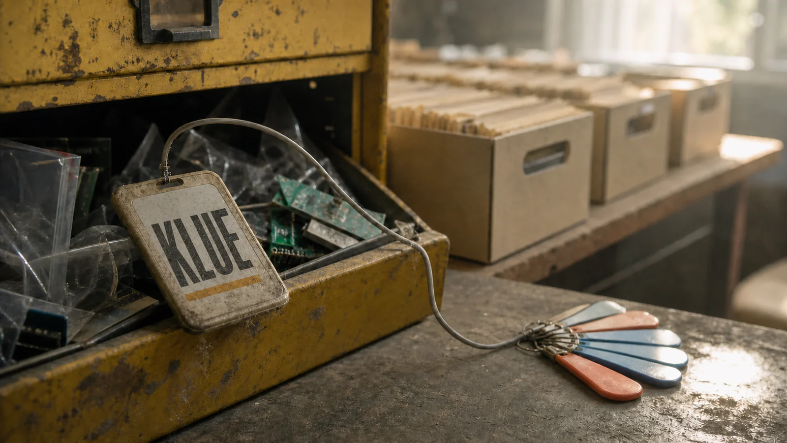 A dusty access badge left in a prototype-parts drawer connects to colored tokens and customer record boxes.